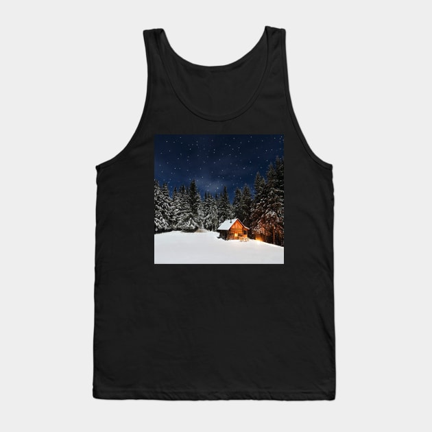 Winter Cozy Cabin in Snow Pine Trees Mountain Peaceful Landscape Art Tank Top by tamdevo1